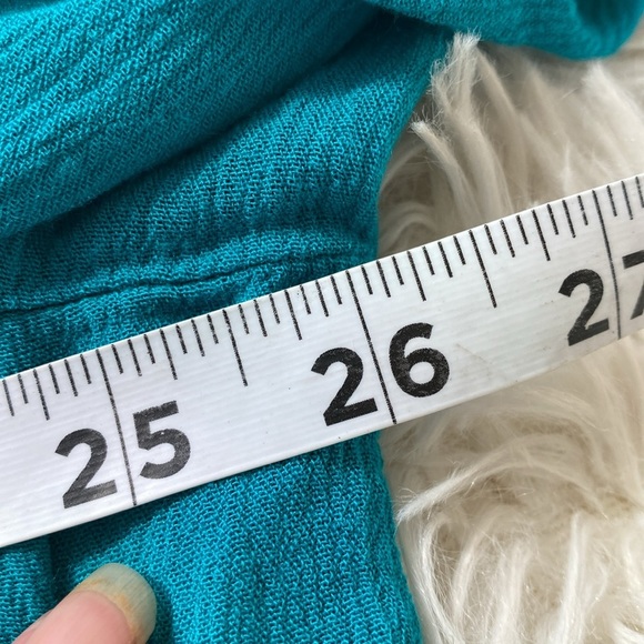 AVENUE TEAL TURQUOISE V-NECK PEASANT BLOUSE CRINKLE TOP PUFFED SLEEVES S… - Picture 8 of 9